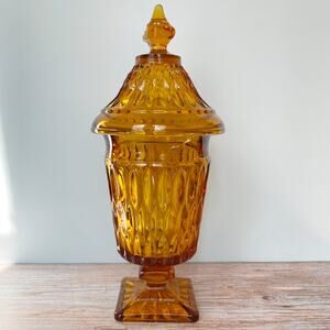 Vintage Indiana Glass Amber Mount Vernon Covered Pedestal Candy Dish